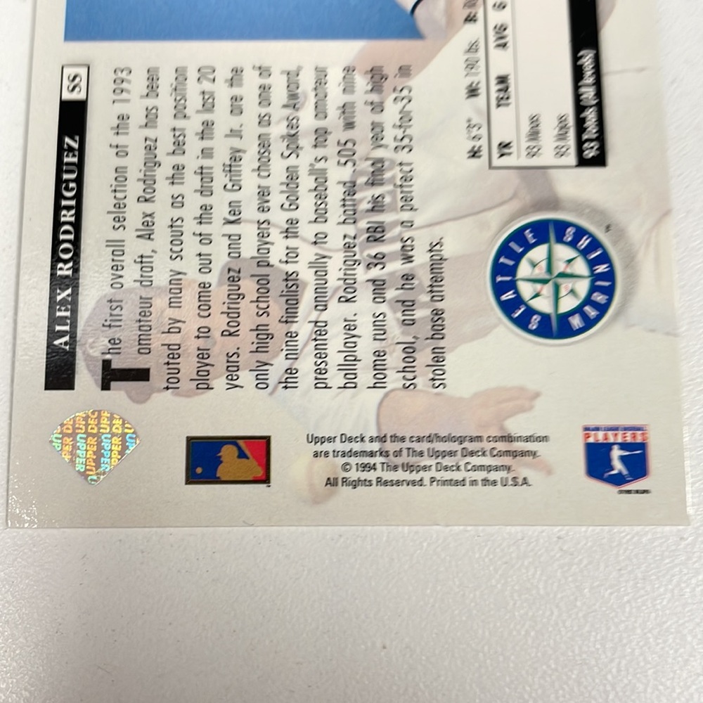 Alex Roderiguez 1994 Upper Deck Star Rookie Card #24 Mariners - Picture 6 of 7